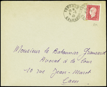 N°691, 1F50 Dulac, obl Touques Calvados (9.2.45) sur lettre avec au verso cachet noir avec petite Croix de Lorraine "Commissariat à l'intérieur centre de séjour surveillé Bonneville s/Touques (Calvados) RF" (collaborateu