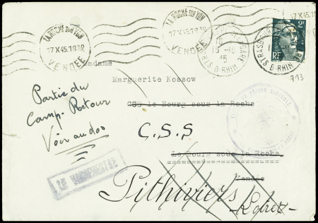 N°713 obl Strasbourg (16.10.45) sur lettre adressée à une collaboratrice internée avec cachet noir "Centre de séjour surveillé le Bourg sous la Roche (Vendée). Rare