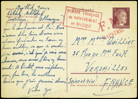 Entier carte postale 15pf Hitler n°713 d'un prisonnier français libéré (8 mai 1945) avec griffe rouge "FM rapatrié" et cachet rect rouge "Mission française de rapatriement en Belgique". TB