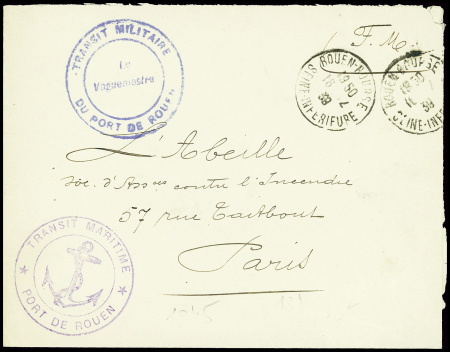 Lettre en franchise avec CAD Rouen bourse (1939) + cachet bleu "Transit militaire du port de Rouen le vaguemestre" et cachet violet avec ancre "Transit maritime port de Rouen". TB