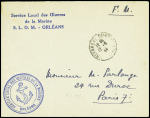 Lettre en franchise avec griffe bleue "Service local des Œuvres de la Marine SLOM Orléans + cachet bleu avec ancre "service local des œuvres de la marine Orléans" (12.6.44). Jolie pièce
