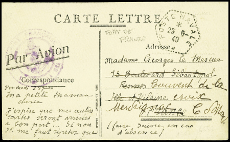 Carte postale en franchise avec CAD hex pointillé "poste navale" (29.6.40 - Fort de France Martinique". TB