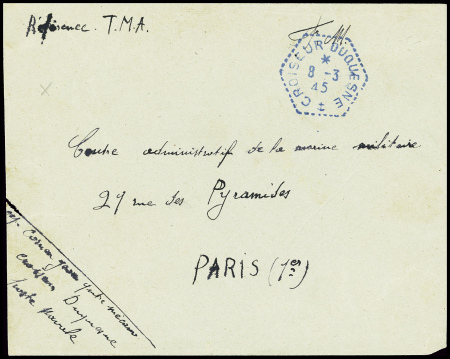 Lettre en franchise avec CAD hex bleu "Croiseur Duquesne" (8.3.45). TB