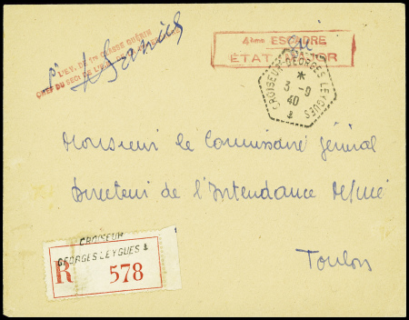 Lettre recommandée en franchise avec CAD hex "Croiseur Georges Leygues" (3.9.40) + cachet rect rouge 4ème escadre etat-major. TB