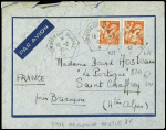 N°435, 1F50 Iris orange, 2 pièces, obl CAD hex "Croiseur Gloire" (16.2.42) sur lettre par avion avec surtaxe aérienne double. TB