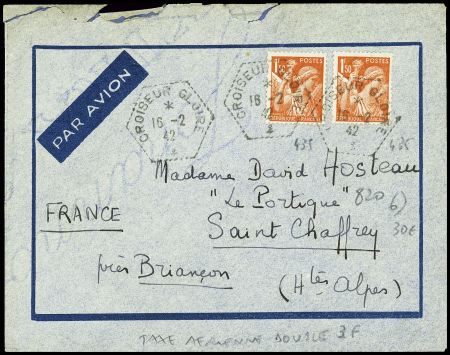 N°435, 1F50 Iris orange, 2 pièces, obl CAD hex "Croiseur Gloire" (16.2.42) sur lettre par avion avec surtaxe aérienne double. TB