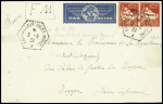 Algérie, 2 pièces, obl hex "Ravitailleur Jules Verne" (2.9.1939 - jour de déclaration de la guerre, sur lettre en franchise par avion). Jolie pièce rare.