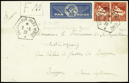 Algérie, 2 pièces, obl hex "Ravitailleur Jules Verne" (2.9.1939 - jour de déclaration de la guerre, sur lettre en franchise par avion). Jolie pièce rare.