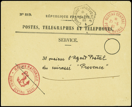 Env. en franchise PTT n°819 avec CAD hex "Cuirassé Provence" (24.5.40) + CAD rouge "Bureau central posta navale" et cachet rouge avec ancre "Marine nationale bureau central naval". TB
