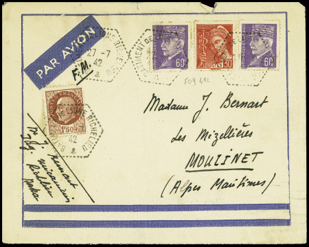 N°412 + 509, 2 pièces + 517 obl hex "Batiment de ligne Richelieu" (27.7.42 - Dakar) sur lettre par avion. TB