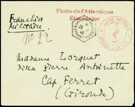 Lettre en franchise avec CAD hex "Batiment de ligne Strasbourg" 529.7.40) + griffe rouge "Flotte de l'Atlantique etat-major". TB