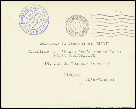 Lettre en franchise avec cachet bleu "Marine nationale L de V Le Millier 24 Bd Carnot Limoges service de la propagande" (1942). TB