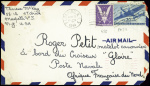 USA n°458 + PA31 obl Flushing, NY (3.8.44) sur lettre vers le croiseur Gloire avec au verso obl mec rouge à 7 lignes ondulées "CPNY" (centre postal de New York). TB