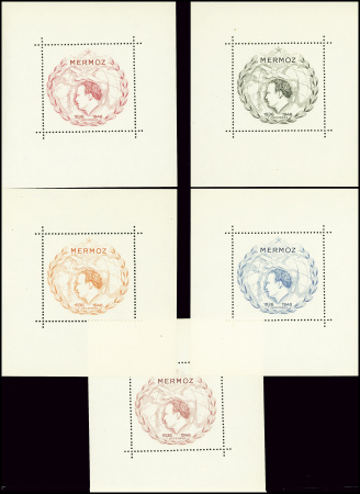4 blocs-feuillets dentelés à l'effigie de Mermoz 7 decembre 1936 - 1946 (noir - rose - orange -lilas)TB