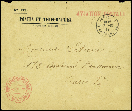 Env PTT n°193 en franchise avec CAD "Paris R. de Grenelle" (2.10.19) adressée à PG Latécoère avec griffe rouge "Aviation postale" et CAD ondulé rouge "Exploitation postale - aviation 2 oct 19". Rare