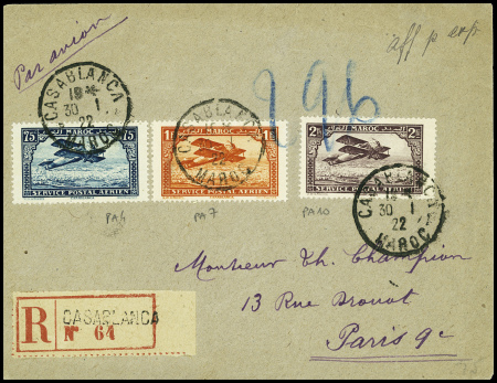 Maroc PA n°4 + 7 + 10 obl Casablanca (30.1.22) sur lettre recommandée avion pour Paris, date d'utilisation très précoce. TB