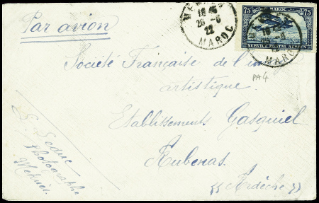 Maroc PA4 obl Meknès Maroc (26.6.22) sur lettre par avion pour Aubenas (Ardèche). TB