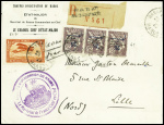 Maroc n°65 en bande de 3 + PA7 obl Rabat (25.5.23) sur lettre recommandée par avion de l'état-major du maréchal Lyautey pour Lille (Pilotes Daurat, Roig et Bédier). TB