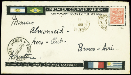 Brésil n°174 obl Rio sur env illustrée Voyage d'études adressée au célèbre pilote Almonacid ami de la France, avec arrivée Buenos Aires 15 janv 1925 (M4). TB