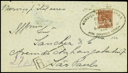 Brésil n°177 obl grand CAD ovale noir "Serviço postal aero" de Pernambouc (6 mars 25) sur lettre recommandée pour Sao Paulo (Muller n°7 Brésil). TB