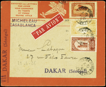 Maroc n°71 + 72 + PA7 obl Casablanca (31.5.25) sur env rouge Latécoère pour Dakar avec arrivée Dakar 3 juin (Muller n°8). TB