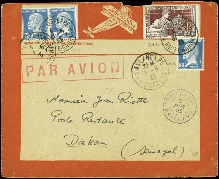 France n°176 + 177 en paire + 212 obl Toulouse (31.5.25) sur env rouge Latécoère avec transits Casablanca (3.1.5) et Port Etienne Mauritanie (2.6) et arrivée Dakar (3 juin). Rare et TB