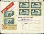 Maroc n°112, 2 pièces (1 ex def) + PA3 en bloc de 4 obl Casablanca (1.6.25) sur lettre recommandée pour Dakar (arrivée 3 juin) avec griffe violette "Ouverture ligne postale aérienne Latécoère Maroc Dakar Sénégal" (Muller