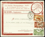 Maroc n°102 + 107 + PA7 obl Casablanca (19.6.26) sur jolie env rouge publicitaire des éditions Mars avec dessin d'un avion Latécoère. Rare et TB