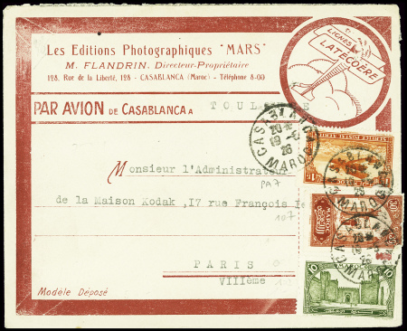 Maroc n°102 + 107 + PA7 obl Casablanca (19.6.26) sur jolie env rouge publicitaire des éditions Mars avec dessin d'un avion Latécoère. Rare et TB