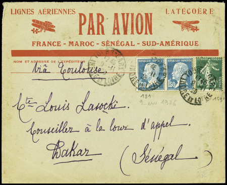 N°159 + 181, 2 pièces, obl Tours Gare (9.11.26) sur env rouge pour Dakar avec en-tête rouge "Lignes aériennes Latécoère - par avion France - Maroc - Sénégal - Sud Amérique". TB