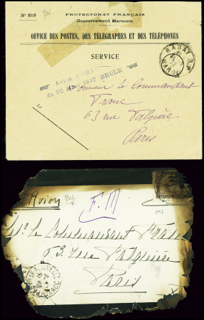 Maroc PA6 obl Fez sur env brûlée pour Paris + env de réexpédition (consolidée avec du scotch) obl rabat RP avec griffe bleue "avion d'Oran du 20 mars 1927 brûlé" (Nierinck n°270320). RR