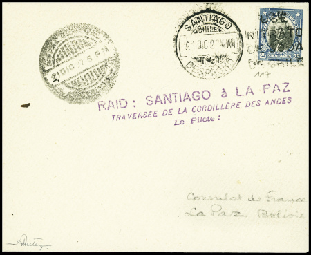 Chili n°117 obl Santiago (21.12.27) sur lettre pour La Paz avec griffe violette "Raid : Santiago à La Paz traversée de la Cordillère des Andes - le pilote" (M12 Chili - Tour du monde Costes et Le Brix). TB