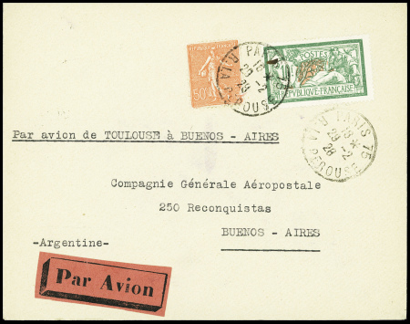 N°199 + 207 obl Paris 75 (29.2.28) sur lettre par avion + aviso Toulouse - Buenos Aires, arrivée 17.3.28 (Muller n°180). TB