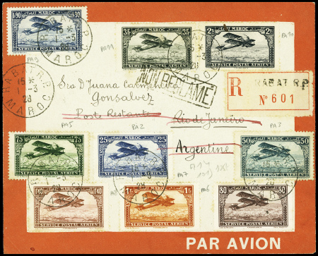 Maroc PA2 + PA3 + PA5 + PA9 à 11 obl Rabat RP (1.3.28) sur env rouge Latécoère recommandée pour Rio de Janeiro (M14 Maroc). TB