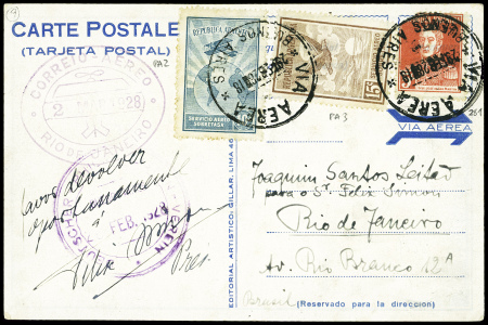 Argentine n°281 + PA2 + PA3 obl CAD "Via aerea Buenos Aires" (29.2.1928) sur carte postale "facteur ailé" pour Rio de Janeiro (vol retour Mermoz). TB