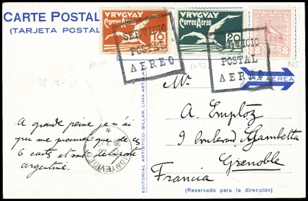 Uruguay n°265 + PA11 + PA12 obl cachet rect noir "Servicio postal aereo" + CAD "Montevideo" (29.2.28) sur carte postale (facteur ailé) "Servizio aeropostal" adressée en France, l'un des seuls exemplaires connus au départ