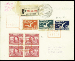 Uruguay n°344 en bloc de 4 + PA10 à 12 obl cachet rect rouge "Servicio postal aereo" sur lettre recommandée avec CAD de Montevideo (20.4.1928 - 1er vol de nuit Montevideo Buenos Aires, pilote Mermoz). TB