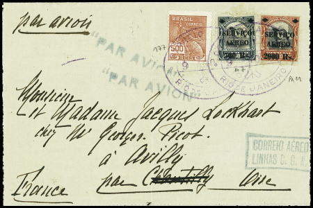 Brésil n°177 + PA7 + PA11 obl cachet ovale violet "Servicio aereo Rio de Janeiro" (20.8.28) sur lettre pour la France avec au verso grande étiquette à damier bleu-blanc-rouge "Correio aereo linhas CGA". TB