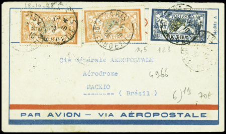 N°123 + 145, 2 pièces obl Paris 45 R. de la Boétie (18.10.28) sur env test pour l'Aéropostale à Maceio (Brésil) avec au verso CAD d'arrivée "Aero postal Maceio". TB