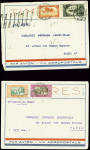 2 lettres par avion : Dakar - Paris (1928) avec au verso grand cachet bleu "Compagnie générale aéropostale - Aéroplace de Dakar" et Rabat - Paris (1929) avec au verso cachet turquoise "Compagnie générale aeropostale aéro