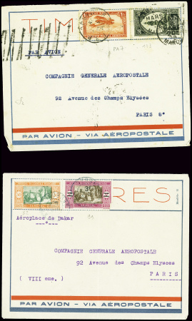 2 lettres par avion : Dakar - Paris (1928) avec au verso grand cachet bleu "Compagnie générale aéropostale - Aéroplace de Dakar" et Rabat - Paris (1929) avec au verso cachet turquoise "Compagnie générale aeropostale aéro