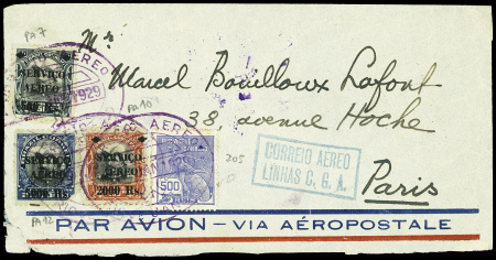 Brésil n°205 + PA7 + PA10 obl CAD ovale "Correio aereo Rio de Janeiro" (1929) sur lettre adressée à Marcel Bouilloux Lafont à Paris avec au verso CAD "Aero postal Rio de J". TB