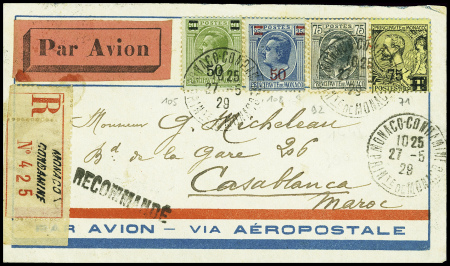 Monaco n°71 + 92 + 104 + 105 obl Monaco Condamine (27.5.29) sur lettre recommandée avion pour Casablanca. TB