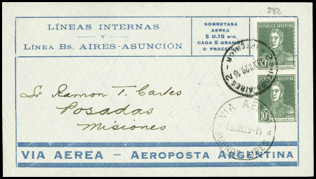 14.7.1929 Argentine n°282 en paire sur env Aeroposta Argentina Buenos Aires-Posadas par Ficarelli (M38 Argentine)