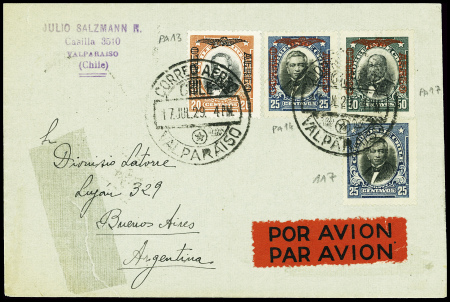 Chili n°117 + PA13 + PA14 + PA17 obl CAD "Correo Aereo Valparaiso" (17.7.29) sur lettre pour Buenos Aires avec au verso cachet rect noir "Premier courrier aérien Chili-Argentine" par Mermoz et Guillaumet (Muller n°22 Chi