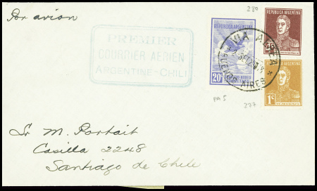 3.9.1929 Buenos Aires Mendoza Santiago par Guillaumet : Argentine n°277 + 280 + PA5 obl Buenos Aires sur lettre avec cachet rect vert "Premier courrier aérien Argentine - Chili" (Muller n°43 Argentine). TB