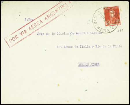 Argentine n°281 obl Trelew (12.9.1929) sur lettre pour Buenos Aires avec griffe rouge encadrée "Por Via Aerea Argentina" (vol d'inspection par Vachet - Muller n°46 - Argentine). TB