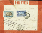 Sénégal n°46 + 98 obl CAD "Gossas Sénégal" (8.8.29) sur env rouge Latécoère avec cachet rect violet "Correspondance aérienne ouverte en "Mauritanie" " (accident du Laté 26 de Rolland et Vidal à Tiznit le 11 aout 1929 - c