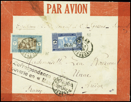 Sénégal n°46 + 98 obl CAD "Gossas Sénégal" (8.8.29) sur env rouge Latécoère avec cachet rect violet "Correspondance aérienne ouverte en "Mauritanie" " (accident du Laté 26 de Rolland et Vidal à Tiznit le 11 aout 1929 - c