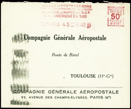 Env imprimée de la CGA avec EMA rouge à 50c B0157 de Paris "Utilisez la poste aérienne pour vos correspondances à destination de l'Algérie, du Maroc, de l'AOF et de l'Amérique du Sud" (1929). TB